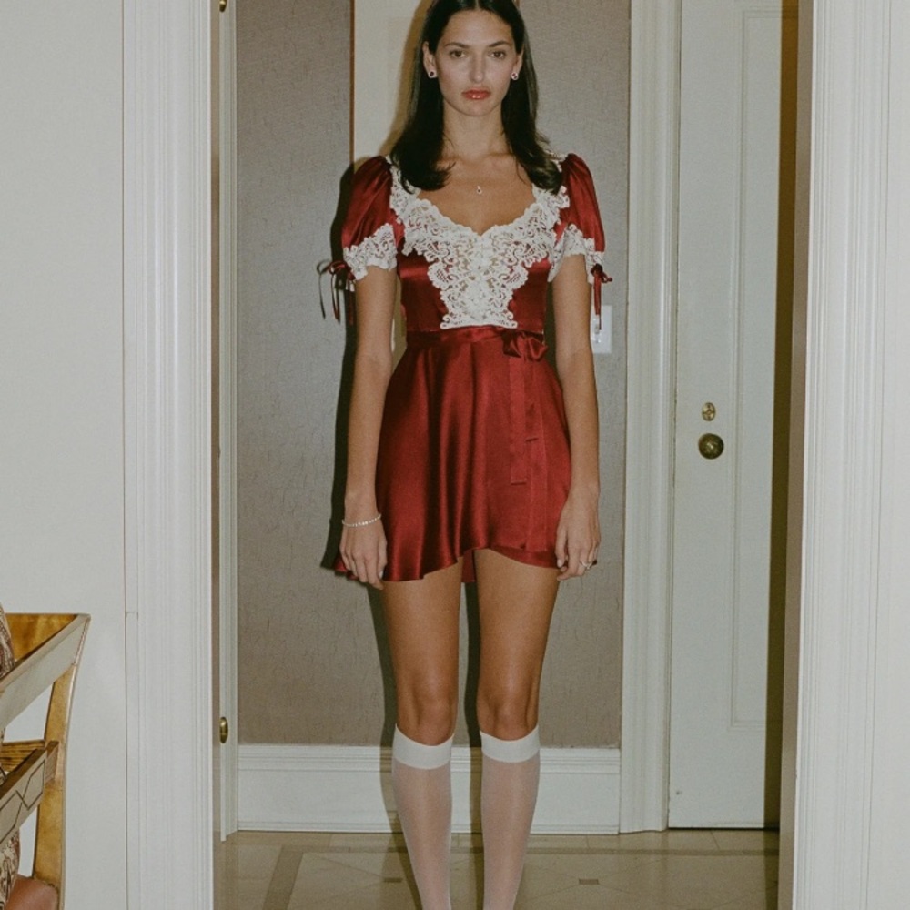 Red Satin Dress with Lace Details
